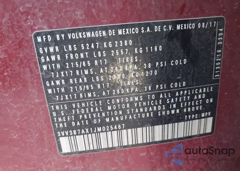 2018 Volkswagen Tiguan 2.0T Se/2.0T Sel z USA, uszkodzony, nr VIN 3VV3B7AX1JM025467